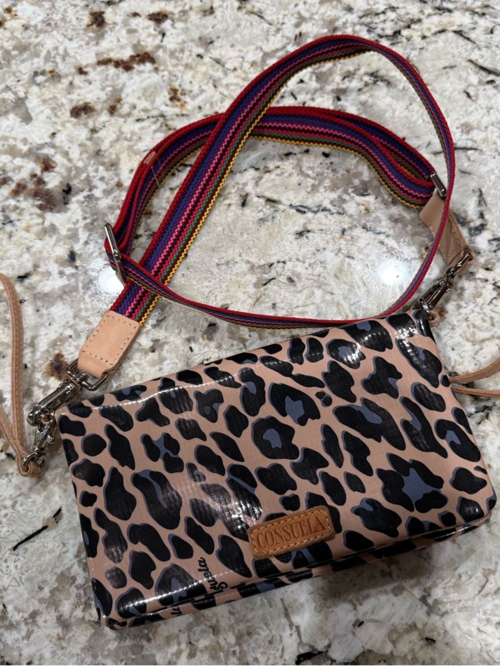 Consuela Leopard Print Crossbody with Multicolor Stripe Strap